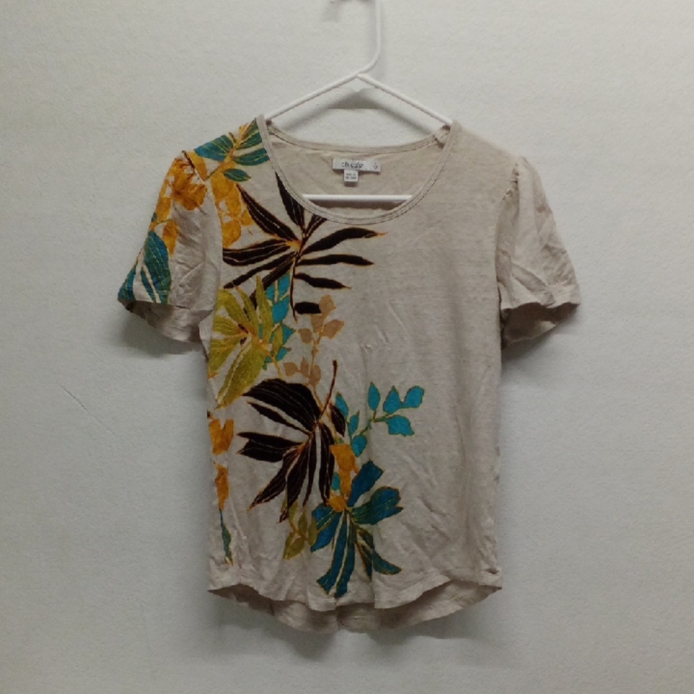 Chico's Cream and Brown Floral Linen Fitted Short Sleeve Tee